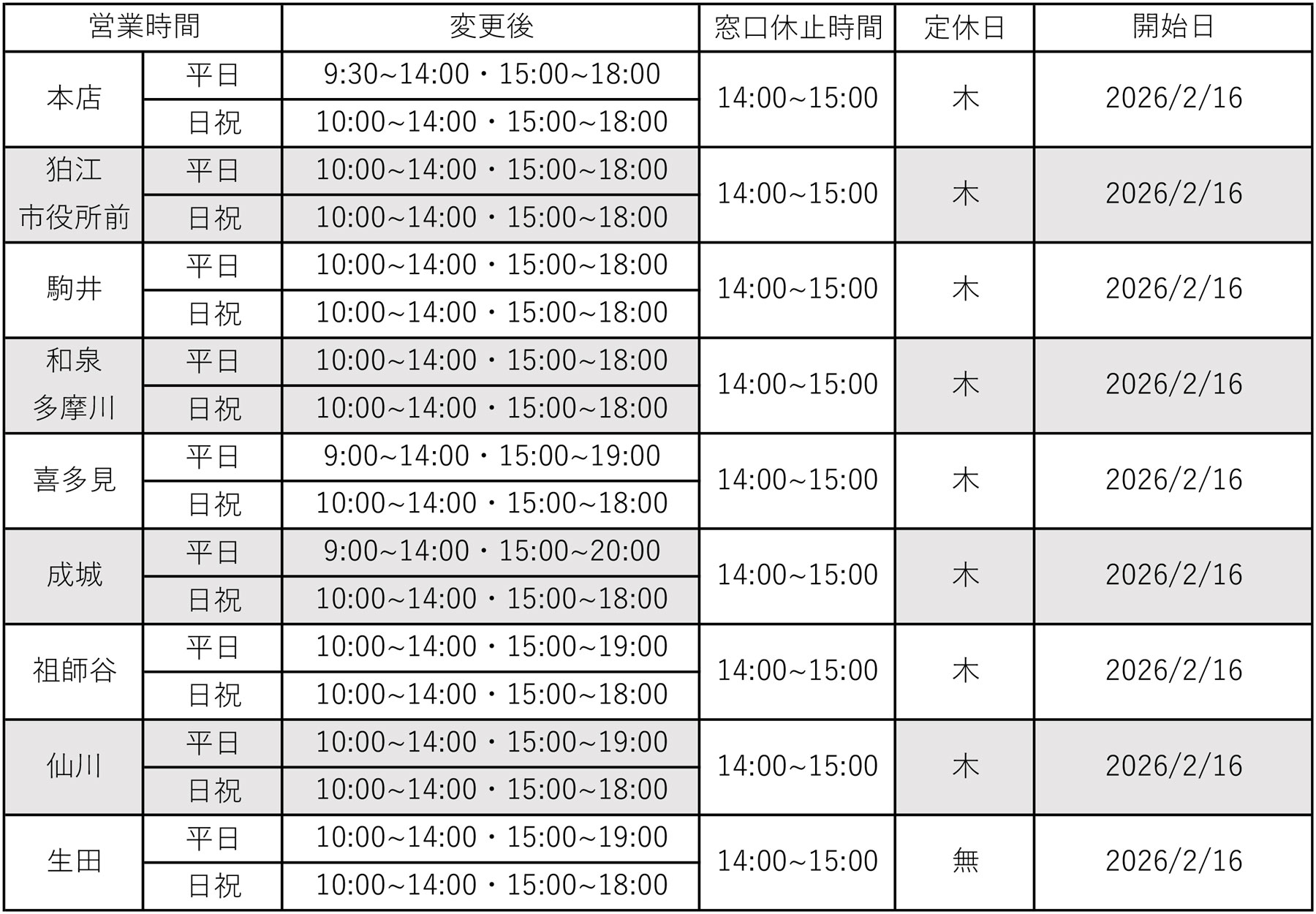 営業時間改定のお知らせ